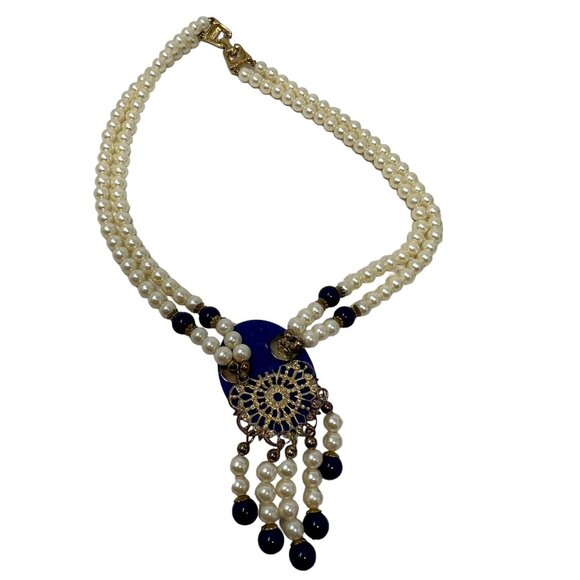 Handmade Statement Necklace Faux Pearl Blue Pendant Gold Tone Accents - Picture 5 of 10